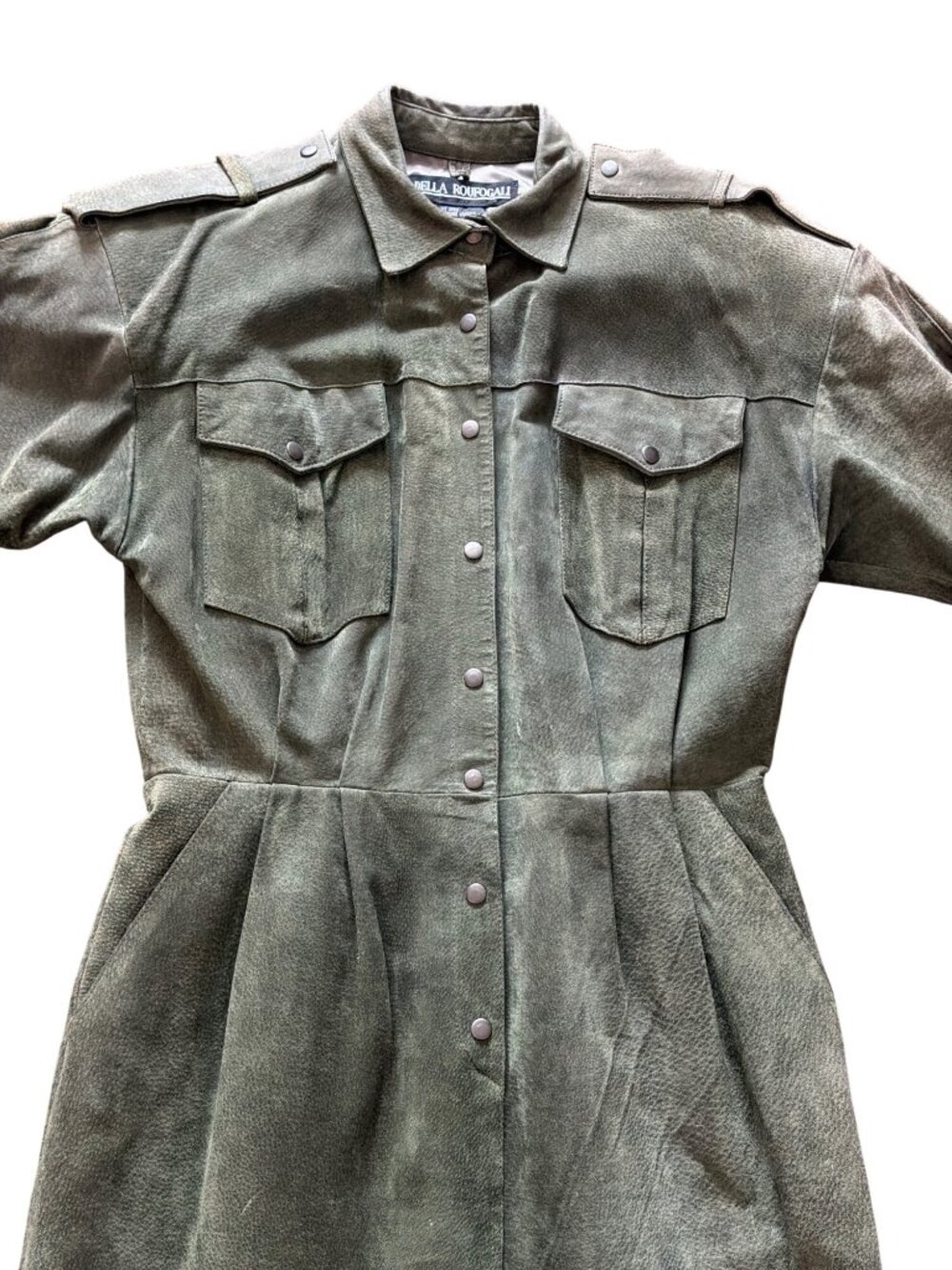 Vintage Della Roufogali Olive Green Suede Leather Safari Shirt Dress Size 10 - Picture 3 of 14